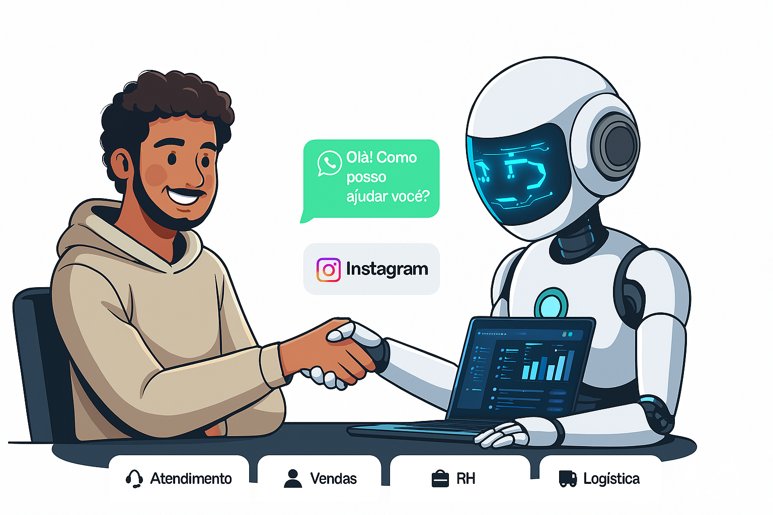Humano e robô apertando as mãos com integrações de WhatsApp e Instagram